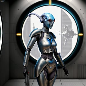 photorealistic alien female standing in a sci-fi body armor holding futuristic weapons preparing for battle