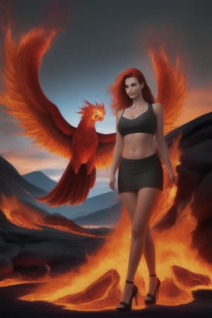 photo realistic a hot female standing in front of a phoenix firebird coming out of fire and lava