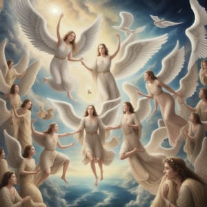 Photorealistic  scene of heaven on earth with angels  and beautiful spirits