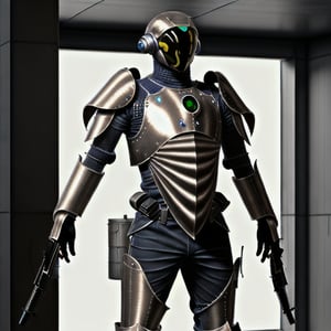 photorealistic alien male standing in a sci-fi body armor holding futuristic weapons preparing for battle