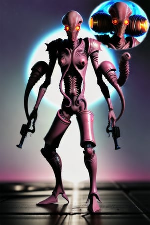 squid like male alien with tentacles wearing scifi battle armor carrying scifi weapons