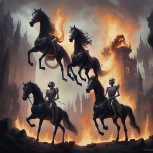 four horsemen of the apocalypse riding skeleton horses, 4k, photo realistic, fire, death, end of the world"a masterpiece, 8k resolution, dark fantasy concept art, by Greg Rutkowski, dynamic lighting, hyperdetailed, intricately detailed, Splash screen art, trending on Artstation, deep color, Unreal Engine, volumetric lighting, Alphonse Mucha, Jordan Grimmer, purple and yellow complementary colours"