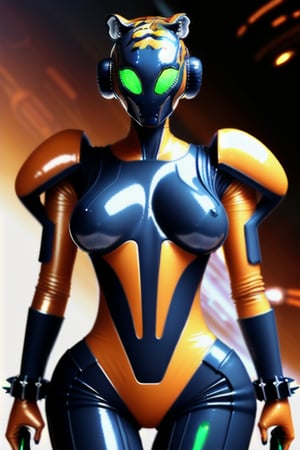 tiger like hot female alien wearing scifi suit carrying scifi weapons with shiny metal claws