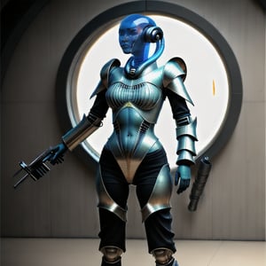 photorealistic alien female standing in a sci-fi body armor holding futuristic weapons