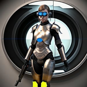 photorealistic human female standing in a sci-fi body armor holding futuristic weapons