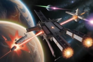 multiple futuristic spacecraft in battle with each other while being in high earth orbit firing laser weapons and energy weapons 