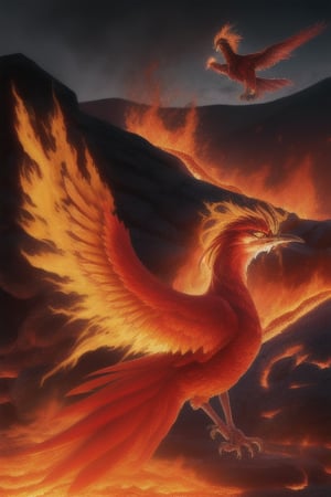 photo realistic phoenix firebird coming out of fire and lava with a hot girl in front 