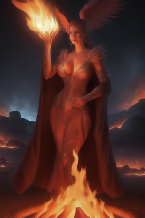 photo realistic a hot female sorceress casting a spell with her hands having a firey glow while standing in fire in front of a phoenix firebird coming out of fire and lava