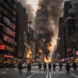 a future post apocalyptic nuked  New York City street view with the gangs running around killing and steeling dead bodies laying in the streets some dead bodies hanging from street light poles  with buildings on fire  no electricity no cops