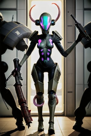 squid like female alien with tentacles wearing scifi battle armor carrying scifi weapons