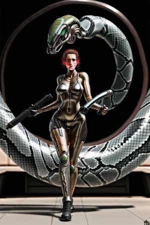 snake like hot female alien carrying scifi weapons with shiny metal fangs