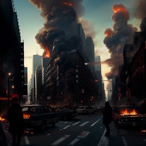 a future post nuclear apocalypse  New York City street view with all the buildings on fire burning bodies laying in the street and on the sidewalks  everyone is dead