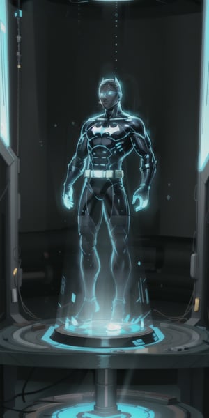 (((Sole_male))), Batman, (toned_male, kevlar armor), Hologram image, (((hologram, translucent, translucent body, phantasmagorical figure,  transparent body,  3D-wireframes structures, augmented reality projection, chromatic aberration, glowing, black theme, outline glow, black monochrome, hologram projector))), full body, perfectly_detailed, (masterpiece:1.2), hires, ultra-high resolution, 8K, high quality, (sharp focus:1.2), clean, crisp, cinematic, ,