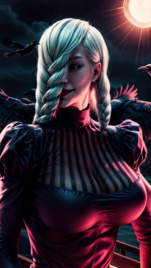 meimei,1woman,hair cover one eye, solo, looking_at_viewer, creep smile, bangs, big breast, parted_lips, hair_over_one_eye, twin_braids, turtleneck, surrounded by  crows, feathers, juliet_sleeves, black_feathers, solid black_bg, nighttime, red_rim light,meidef,MeiMei