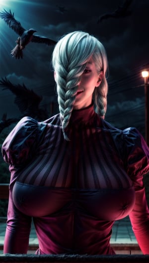 meimei,1woman,hair cover one eye, solo, looking_at_viewer, creep smile, bangs, big breast, parted_lips, hair_over_one_eye, twin_braids, turtleneck, surrounded by  crows, feathers, juliet_sleeves, black_feathers, solid black_bg, nighttime, red_rim light,meidef,MeiMei