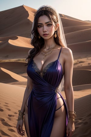 1gril, sexy, seductive, clevage, medium breast, longest hair, blue eyes,  purple arabian dress with light golden embroidery, hair clips, face veil, earrings, hands bracelete, necklace, waist bracelet,standing in the desert, sand dunes background, best quality, realistic, ultra highres, depth of field, (stunning lighting:1.2), (detailed face:1.2), (detailed eyes:1.2), (masterpiece:1.2), (ultra detailed), (best quality), intricate, comprehensive cinematic, magical photography, (gradients), colorful,greek clothes,peplos,see-through leotard,Realism, diffuse light