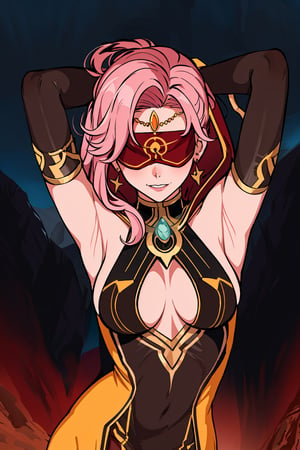  upper body,high quality , masterpiece, flat color, ornate, lineart,Babel, 1girl, solo, long hair, large breasts, bare shoulders, pink hair, blindfold,desert sands,1 woman solo, busty figure, desert background, earrings hair_between_eyes jewelry blindfolded, night time, hood, high quality, best quality, 1girl, masterpiece, legs_open,pantyhose, high heels boots,GEM, detailed face, yellow dress ,yellow theme, arms_above_head, showing_armpits,sexy, yellow blindfold,overall yellow theme