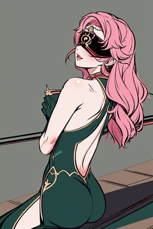 full body,high quality , masterpiece, flat color, ornate, lineart,Babel, 1girl, solo, long hair, large breasts, bare shoulders, pink hair, wearing Halter Neck High Slit Long Gown Dress Fashion, overall prussian green theme, blindfold, sexy, revealing , nsfw, viewed_from_behind