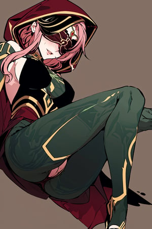 full body,high quality , masterpiece, flat color, green ornate, lineart,Babel, 1girl, solo, long hair, large breasts, bare shoulders, pink hair, wearing Halter Neck High Slit Long Gown Dress Fashion, overall dark green theme, blindfold, sexy, revealing , nsfw, desert background, hood,pantyhose, panties, lingerie 