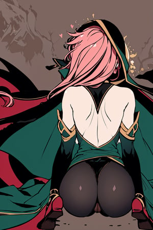 full body,high quality , masterpiece, flat color, green ornate, lineart,Babel, 1girl, solo, long hair, large breasts, bare shoulders, pink hair, wearing Halter Neck High Slit Long Gown Dress Fashion, overall dark green theme, blindfold, sexy, revealing , nsfw, desert background, hood,pantyhose, panties, lingerie , from_behind, back  ,viewed_from_behind, ass