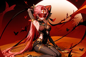 full_body ,high quality , masterpiece, flat color, orange ornate, lineart, Babel, 1girl, solo, long hair, large breasts, bare shoulders, pink hair, blindfold,desert sands,1 woman solo, busty figure, desert background, earrings hair_between_eyes jewelry blindfolded, night time, hood, high quality, best quality, 1girl, masterpiece,  ,pantyhose, high heels boots,GEM, detailed face,red theme, sitting,arms_above_head