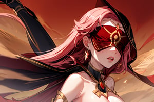 high quality , masterpiece, Babel, 1girl, solo, long hair, large breasts, bare shoulders, pink hair, blindfold,desert sands,1 woman solo, busty figure, desert background, earrings hair_between_eyes jewelry blindfolded, night time, hood, high quality, best quality, 1girl, masterpiece, high heels boots,GEM, detailed face,red theme,  face focus, hood , hoodie, cleavage cutout,cleavage cutout, nsfw