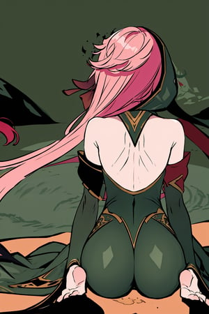 full body,high quality , masterpiece, flat color, green ornate, lineart,Babel, 1girl, solo, long hair, bare shoulders, pink hair, wearing Halter Neck High Slit Long Gown Dress Fashion, overall dark green theme,  sexy, revealing , nsfw, desert background, hood,pantyhose , from_behind, back  ,viewed_from_behind, sitting