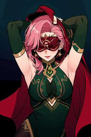  upper body,high quality , masterpiece, flat color, ornate, lineart,Babel, 1girl, solo, long hair, large breasts, bare shoulders, pink hair, dark green blindfold,desert sands,1 woman solo, busty figure, desert background, earrings hair_between_eyes jewelry blindfolded, night time, hood, high quality, best quality, 1girl, masterpiece, legs_open,pantyhose, high heels boots, green GEM, detailed face, dark green dress ,dark green theme, arms_above_head, showing_armpits,sexy, dark green blindfold,overall  dark green theme