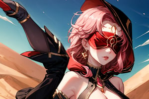 high quality , masterpiece, Babel, 1girl, solo, long hair, large breasts, bare shoulders, pink hair, blindfold,desert sands,1 woman solo, busty figure, desert background, earrings hair_between_eyes jewelry blindfolded, night time, hood, high quality, best quality, 1girl, masterpiece, high heels boots,GEM, detailed face,red theme,  face focus, hood , hoodie, cleavage cutout,cleavage cutout, nsfw