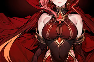 full_body ,high quality , masterpiece, flat color, orange ornate, lineart, Babel, 1girl, solo, long hair, large breasts, bare shoulders, pink hair, blindfold,desert sands,1 woman solo, busty figure, desert background, earrings hair_between_eyes jewelry blindfolded, night time, hood, high quality, best quality, 1girl, masterpiece,  ,pantyhose, high heels boots,GEM, detailed face,red theme, sitting