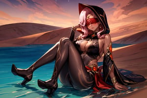 Babel, 1girl, solo, long hair, large breasts, bare shoulders, pink hair,  blindfold,desert sands,1 woman solo, busty figure, desert background, dark-skinned_female, earrings hair_between_eyes jewelry blindfolded, night time, hood, high quality, best quality, 1girl, masterpiece, dark skin, full body, lying, near water , legs_open,pantyhose, high heels boots,GEM, detailed face