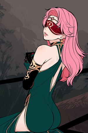 full body,high quality , masterpiece, flat color, ornate, lineart,Babel, 1girl, solo, long hair, large breasts, bare shoulders, pink hair, wearing Halter Neck High Slit Long Gown Dress Fashion, overall prussian green theme, blindfold, sexy, revealing , nsfw, viewed_from_behind