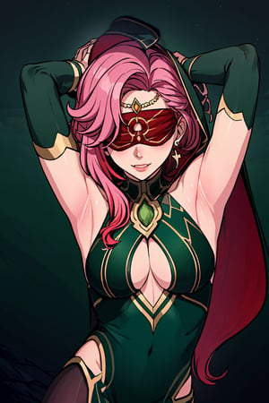  upper body,high quality , masterpiece, flat color, ornate, lineart,Babel, 1girl, solo, long hair, large breasts, bare shoulders, pink hair, dark green blindfold,desert sands,1 woman solo, busty figure, desert background, earrings hair_between_eyes jewelry blindfolded, night time, hood, high quality, best quality, 1girl, masterpiece, legs_open,pantyhose, high heels boots, green GEM, detailed face, dark green dress ,dark green theme, arms_above_head, showing_armpits,sexy, dark green blindfold,overall  dark green theme