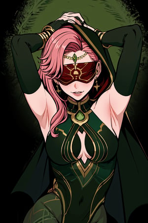  upper body,high quality , masterpiece, flat color, ornate, lineart,Babel, 1girl, solo, long hair, large breasts, bare shoulders, pink hair, dark green blindfold,desert sands,1 woman solo, busty figure, desert background, earrings hair_between_eyes jewelry blindfolded, night time, hood, high quality, best quality, 1girl, masterpiece, legs_open,pantyhose, high heels boots, green GEM, detailed face, dark green dress ,dark green theme, arms_above_head, showing_armpits,sexy, dark green blindfold,overall  dark green theme, green colored blindfold, blindfold in green color