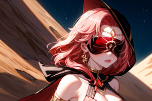 high quality , masterpiece, Babel, 1girl, solo, long hair, large breasts, bare shoulders, pink hair, blindfold,desert sands,1 woman solo, busty figure, desert background, earrings hair_between_eyes jewelry blindfolded, night time, hood, high quality, best quality, 1girl, masterpiece, high heels boots,GEM, detailed face,red theme,  face focus, hood , hoodie, cleavage cutout,cleavage cutout, nsfw