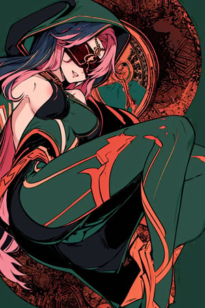 full body,high quality , masterpiece, flat color, ornate, lineart,Babel, 1girl, solo, long hair, large breasts, bare shoulders, pink hair, wearing Halter Neck High Slit Long Gown Dress Fashion, overall dark green theme, blindfold, sexy, revealing , nsfw, desert background