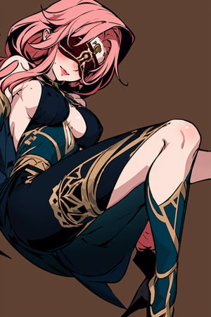 full body,high quality , masterpiece, flat color, ornate, lineart,Babel, 1girl, solo, long hair, large breasts, bare shoulders, pink hair, wearing Halter Neck High Slit Long Gown Dress Fashion, overall dark green theme, blindfold, sexy, revealing , nsfw, desert background