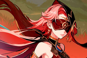 high quality , masterpiece, flat color, orange ornate, lineart, Babel, 1girl, solo, long hair, large breasts, bare shoulders, pink hair, blindfold,desert sands,1 woman solo, busty figure, desert background, earrings hair_between_eyes jewelry blindfolded, night time, hood, high quality, best quality, 1girl, masterpiece, high heels boots,GEM, detailed face,red theme,  face focus, hood , hoodie