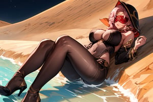 Babel, 1girl, solo, long hair, large breasts, bare shoulders, pink hair,  blindfold,desert sands,1 woman solo, busty figure, desert background, dark-skinned_female, earrings hair_between_eyes jewelry blindfolded, night time, hood, high quality, best quality, 1girl, masterpiece, dark skin, full body, lying, near water , legs_open,pantyhose, high heels boots