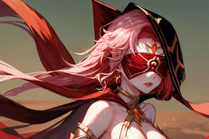 high quality , masterpiece, Babel, 1girl, solo, long hair, large breasts, bare shoulders, pink hair, blindfold,desert sands,1 woman solo, busty figure, desert background, earrings hair_between_eyes jewelry blindfolded, night time, hood, high quality, best quality, 1girl, masterpiece, high heels boots,GEM, detailed face,red theme,  face focus, hood , hoodie, cleavage cutout,cleavage cutout, nsfw