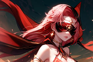 high quality , masterpiece, Babel, 1girl, solo, long hair, large breasts, bare shoulders, pink hair, blindfold,desert sands,1 woman solo, busty figure, desert background, earrings hair_between_eyes jewelry blindfolded, night time, hood, high quality, best quality, 1girl, masterpiece, high heels boots,GEM, detailed face,red theme,  face focus, hood , hoodie