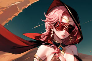 high quality , masterpiece, Babel, 1girl, solo, long hair, large breasts, bare shoulders, pink hair, blindfold,desert sands,1 woman solo, busty figure, desert background, earrings hair_between_eyes jewelry blindfolded, night time, hood, high quality, best quality, 1girl, masterpiece, high heels boots,GEM, detailed face,red theme,  face focus, hood , hoodie, cleavage cutout,cleavage cutout, nsfw