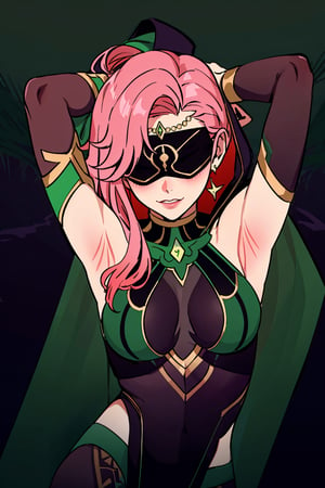  upper body,high quality , masterpiece, flat color, ornate, lineart,Babel, 1girl, solo, long hair, large breasts, bare shoulders, pink hair, dark green blindfold,desert sands,1 woman solo, busty figure, desert background, earrings hair_between_eyes jewelry blindfolded, night time, hood, high quality, best quality, 1girl, masterpiece, legs_open,pantyhose, high heels boots, green GEM, detailed face, dark green dress ,dark green theme, arms_above_head, showing_armpits,sexy, dark green blindfold,overall  dark green theme, green colored blindfold, blindfold in green color