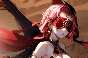 high quality , masterpiece, Babel, 1girl, solo, long hair, large breasts, bare shoulders, pink hair, blindfold,desert sands,1 woman solo, busty figure, desert background, earrings hair_between_eyes jewelry blindfolded, night time, hood, high quality, best quality, 1girl, masterpiece, high heels boots,GEM, detailed face,red theme,  face focus, hood , hoodie