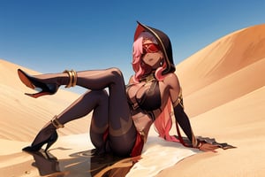 Babel, 1girl, solo, long hair, large breasts, bare shoulders, pink hair,  blindfold,desert sands,1 woman solo, busty figure, desert background, dark-skinned_female, earrings hair_between_eyes jewelry blindfolded, night time, hood, high quality, best quality, 1girl, masterpiece, dark skin, full body, lying, near water , legs_open,pantyhose, high heels boots,GEM