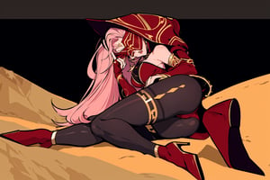 Babel, 1girl, solo, long hair, large breasts, bare shoulders, pink hair,  blindfold,desert sands,1 woman solo, busty figure, desert background, earrings hair_between_eyes jewelry blindfolded, night time, hood, high quality, best quality, 1girl, masterpiece, dark skin, full body, lying ,  legs_open,pantyhose, high heels boots,GEM, detailed face, ass, masterpiece, best quality, 1girl, flowers, flat color, lineart, abstract, ornate,red theme, face focus