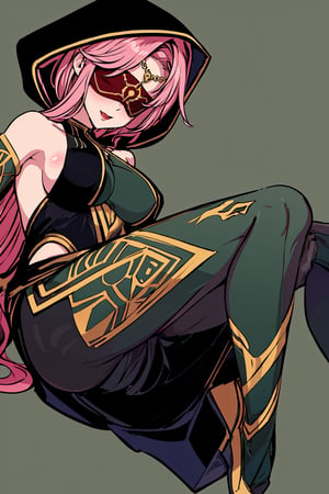 full body,high quality , masterpiece, flat color, ornate, lineart,Babel, 1girl, solo, long hair, large breasts, bare shoulders, pink hair, wearing Halter Neck High Slit Long Gown Dress Fashion, overall dark green theme, blindfold, sexy, revealing , nsfw, desert background, hood,pantyhose