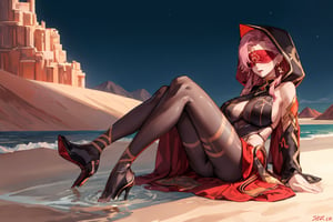 Babel, 1girl, solo, long hair, large breasts, bare shoulders, pink hair,  blindfold,desert sands,1 woman solo, busty figure, desert background, dark-skinned_female, earrings hair_between_eyes jewelry blindfolded, night time, hood, high quality, best quality, 1girl, masterpiece, dark skin, full body, lying, near water , legs_open,pantyhose, high heels boots