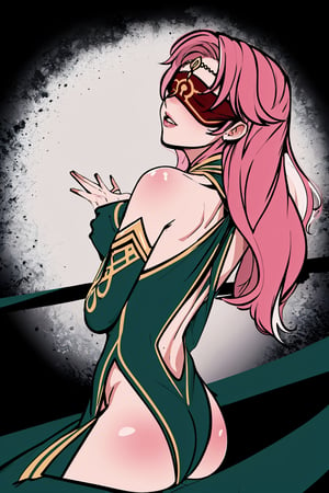 full body,high quality , masterpiece, flat color, ornate, lineart,Babel, 1girl, solo, long hair, large breasts, bare shoulders, pink hair, wearing Halter Neck High Slit Long Gown Dress Fashion, overall dark green theme, blindfold, sexy, revealing , nsfw, viewed_from_behind