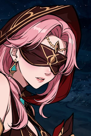 Babel, 1girl, solo, long hair, large breasts, bare shoulders, pink hair, blindfold,desert sands,1 woman solo, busty figure, desert background, earrings hair_between_eyes jewelry blindfolded, night time, hood, high quality, best quality, 1girl, masterpiece,  near water ,face focus , zoom, upclose , up close,close up, face focus,pantyhose, high heels boots,GEM,  masterpiece, best quality, 1girl, flowers, flat color, lineart, abstract, ornate,red theme, face focus,detailed face